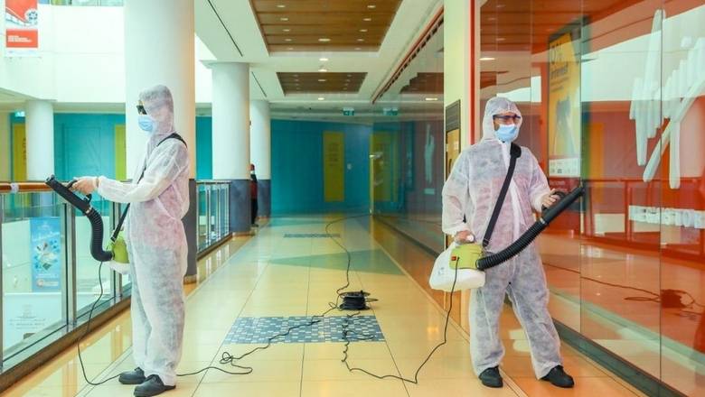 Cleaned row of work stations in an office